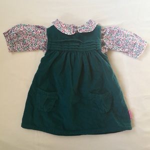 Corduroy teal dress with collared floral blouse